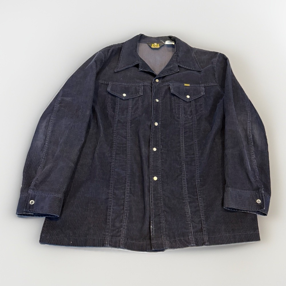 Vintage Blue Bell Maverick Corduroy 70s Pearl Snap XL Retro Western Shirt Blue